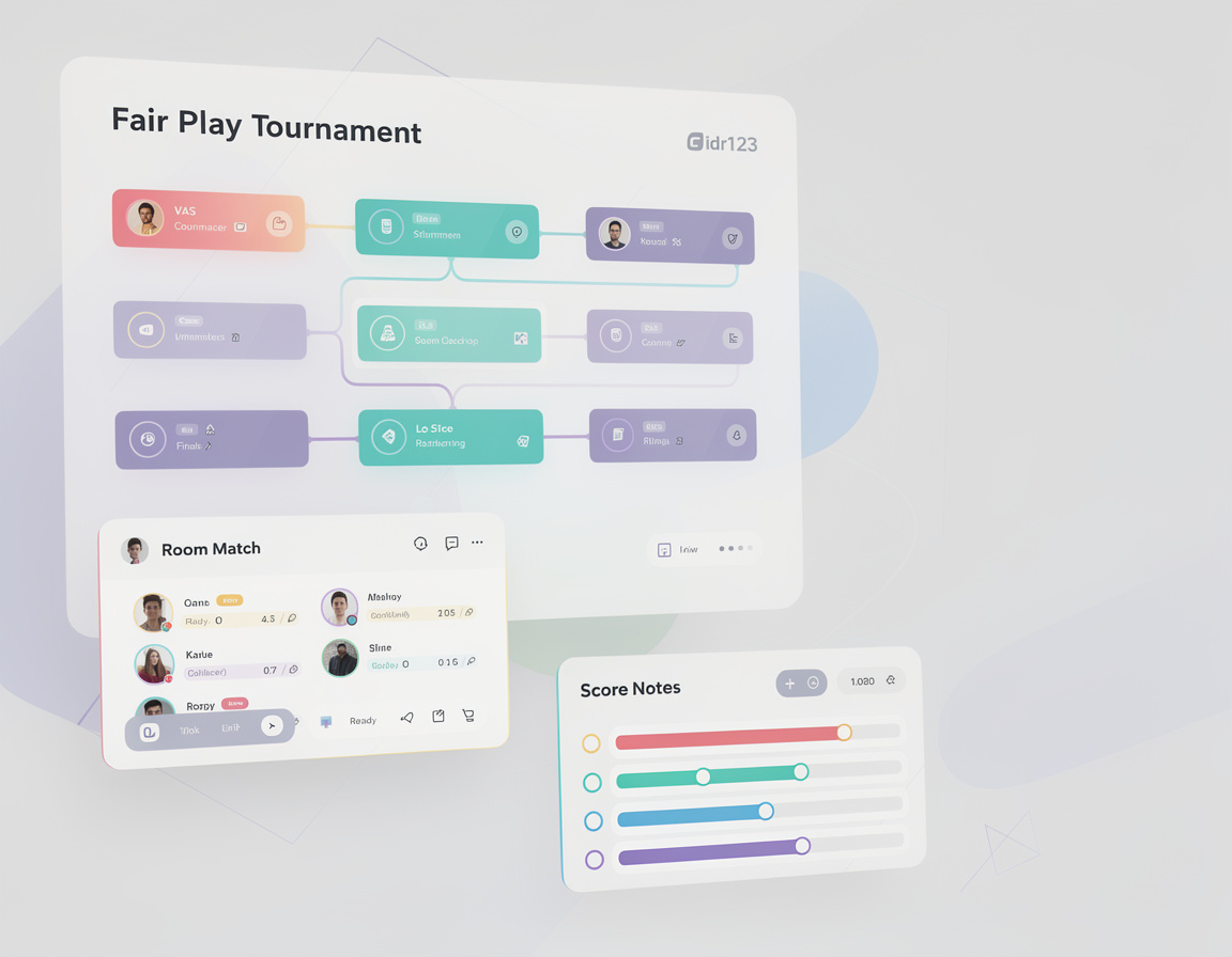 Ilustrasi ruleset fair play turnamen untuk idr123 dengan bracket, room match, dan catatan skor idr123